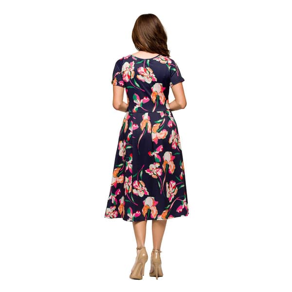 Womens 24/7 Comfort Apparel Navy Floral Pleated Flare Midi Dress