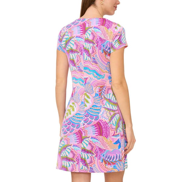 Womens MSK Short Sleeve Abstract Floral Pleated A-Line Dress