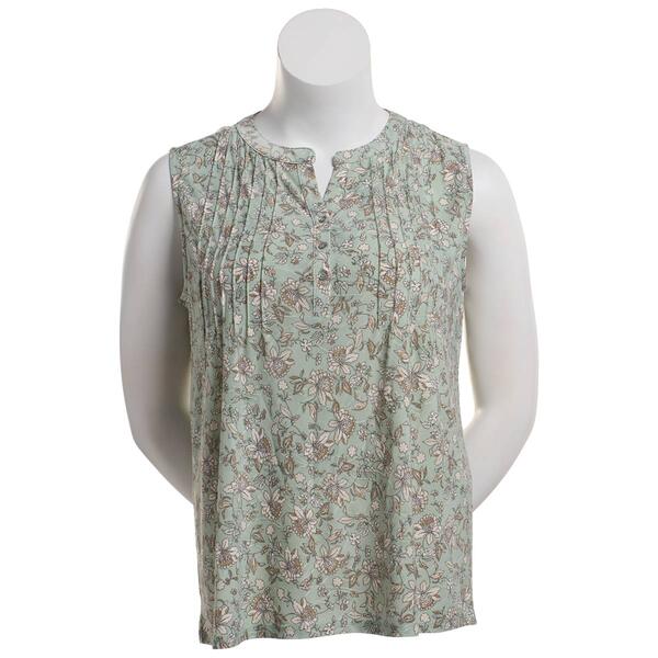 Petite Napa Valley Sleeveless Sketch Floral Pleat Henley Blouse - image 