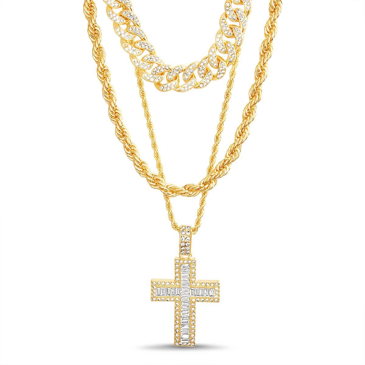 Mens Gentlemen''s Classics(tm) Gold Trio CZ Cross Necklace