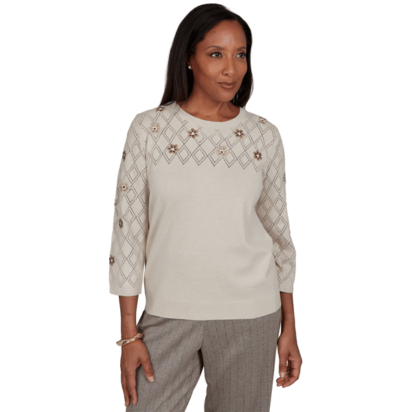 Petite Alfred Dunner Regent Street Floral Pointelle Sweater - image 