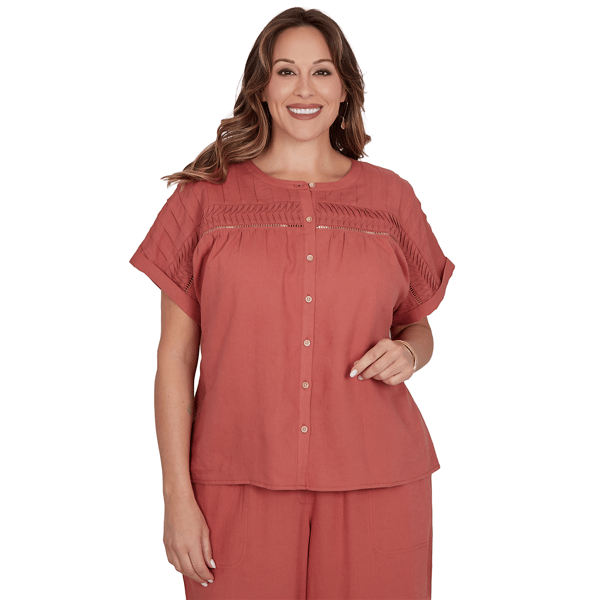Plus Size Ruby Rd. Sedona Escape Short Sleeve Pleated Blouse