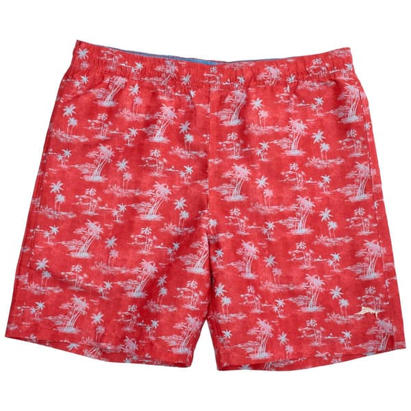 Mens Joe Marlin Palm Tree Tropical Island Swim Trunks - Raspberry