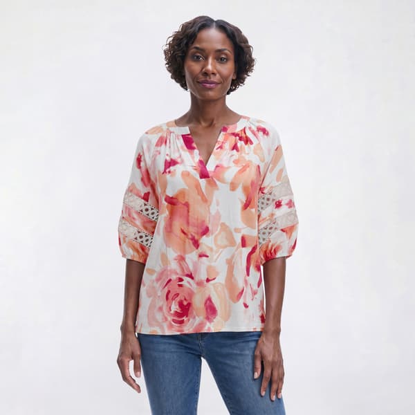 Womens Como Black Elbow Sleeve Split Neck Abstract Floral Blouse - image 