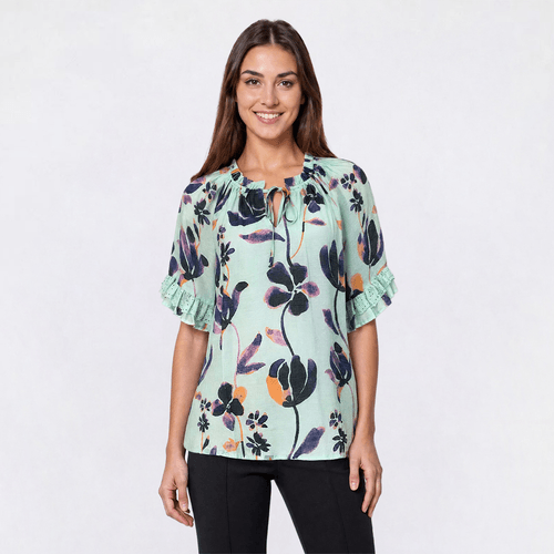 Womens Hope & Harlow Short Poet Sleeve Tie Neck Floral Blouse - image 