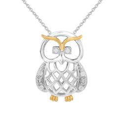 1/20cttw. Natural Diamond Sterling Silver Owl Pendant Necklace