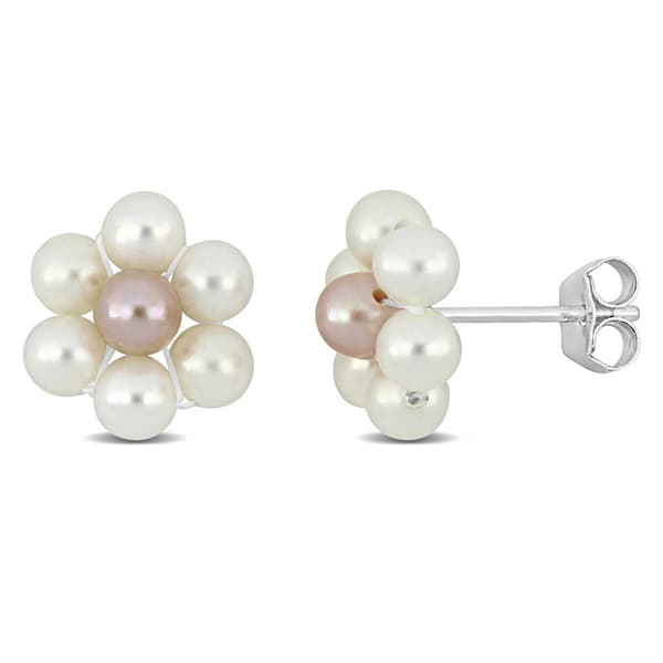 Gemstone Classics(tm) White & Pink Pearl Flower Stud Earrings