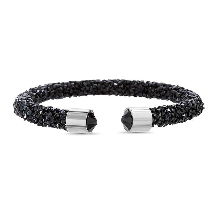 Crystal Kingdom Brass Rhodium Plated Black Crystal Cuff Bracelet