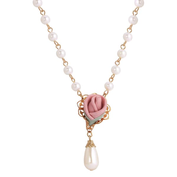 1928 Gold Tone Flower w/ Pearl Drop Necklace - image 