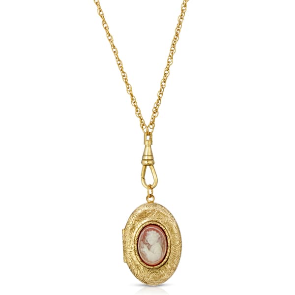 1928 Gold Tone Oval Carnelian Cameo Locket Necklace - image 