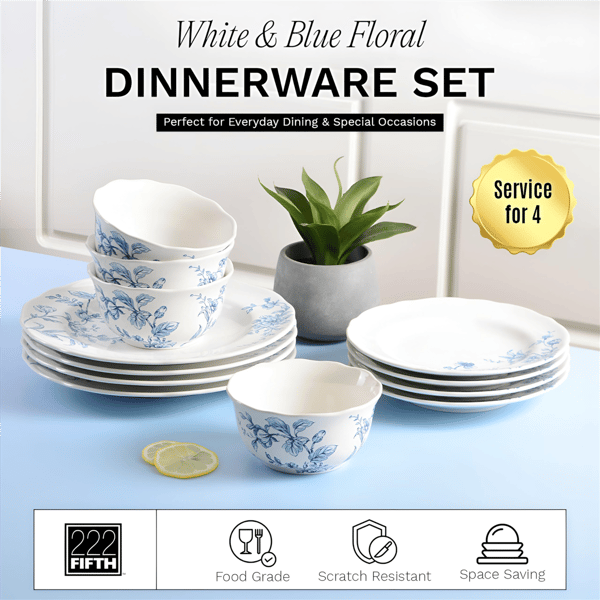 222 Fifth Bellamy Porcelain 12pc. Dinnerware Set - Service for 4