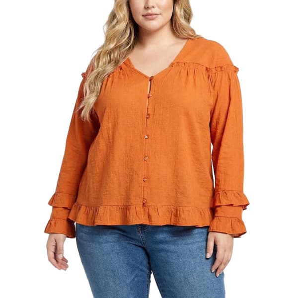 Plus Size NY Collection Long Sleeve Ruffle Scoopneck Solid Tuwa - image 