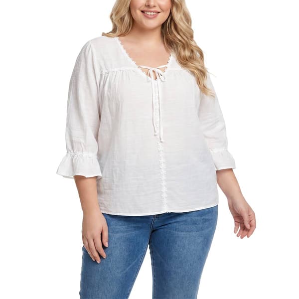 Plus Size NY Collection 3/4 Ruffle Sleeve Tie Neck Blouse