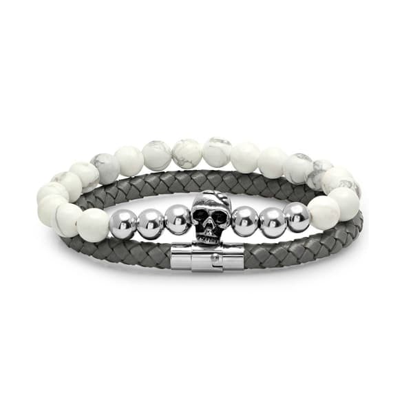 Mens 2pc. Grey Leather Braided Bracelets with Beaded Detail - image 