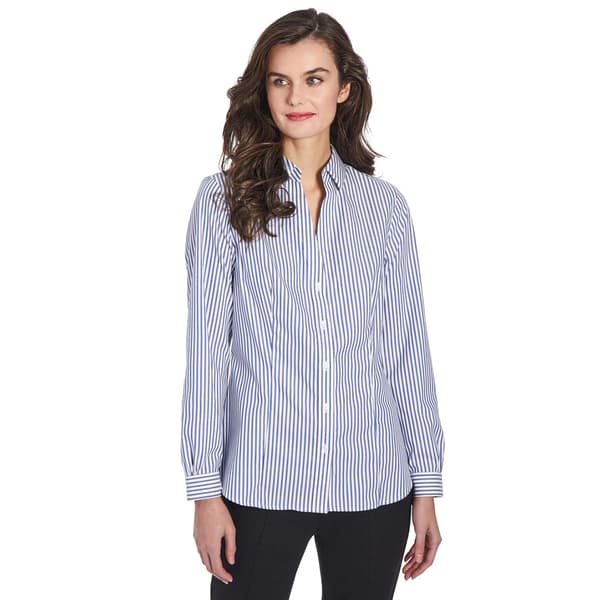Womens Jones New York Long Sleeve Y-Neck Button Down Stripe Top - image 