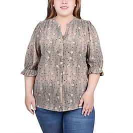 Plus Size NY Collection Elbow Ruffle Sleeve Dot Button Down