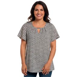 Womens Notations Short Sleeve Geometric Keyhole Neck Blouse