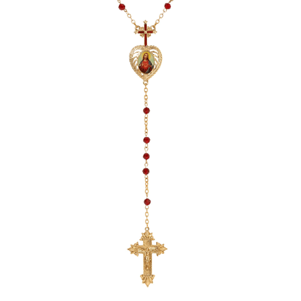 Symbols of Faith Gold Tone Red Bead Jesus Decal Rosary