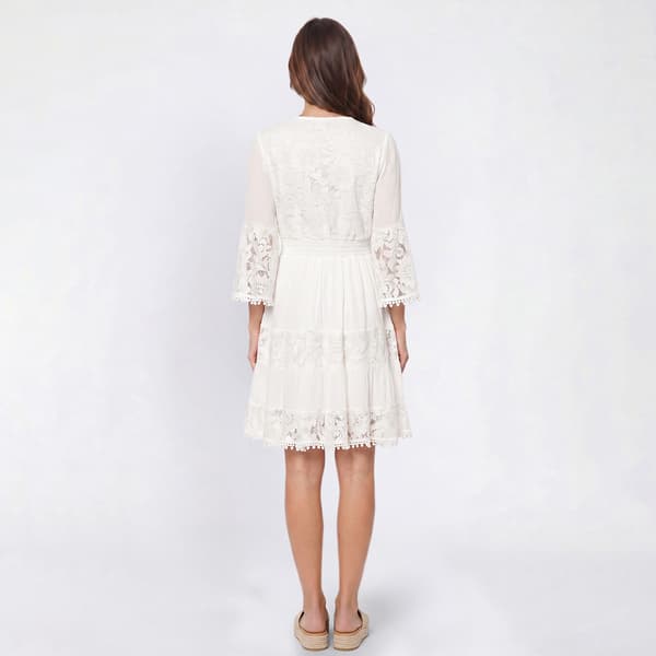 Womens Robbie Bee 3/4 Sleeve Gauze Lace Surplus Neck A-Line Dress