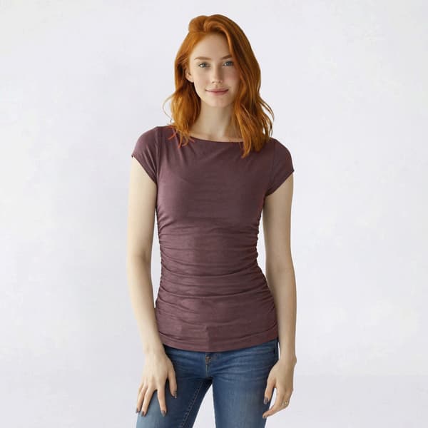 Juniors Pink Rose Boat Neck Side Ruched Double Layer Tee
