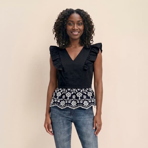 Womens Nanette Lepore Sleeveless Ruffle V Neck Eyelet Blouse - image 