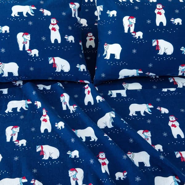 Freshfolds Cotton Navy Polar Bears Holiday 4pc. Flannel Sheet Set