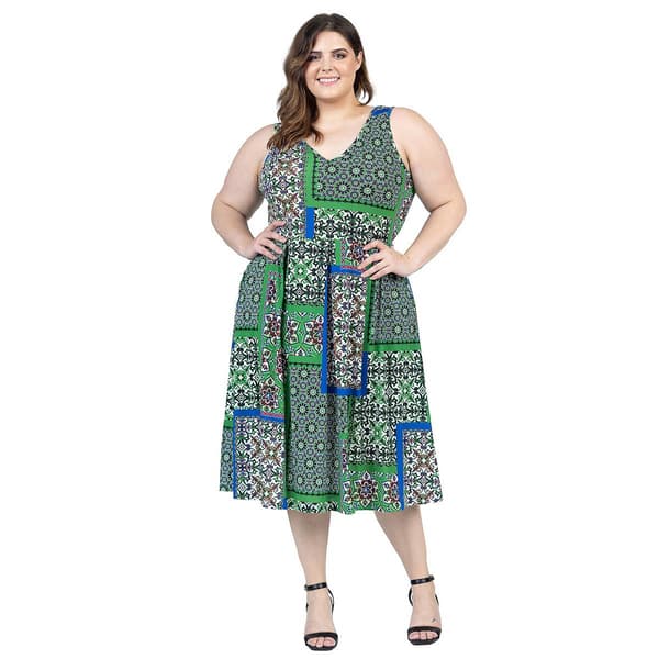 Plus Size 24/7 Comfort Apparel Scarf Print Fit & Flare Midi Dress
