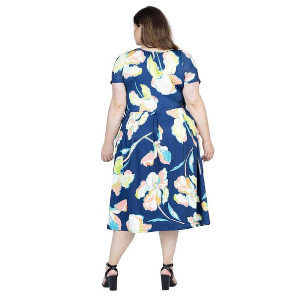 Plus Size 24/7 Comfort Apparel Blue Floral Fit & Flare Midi Dress