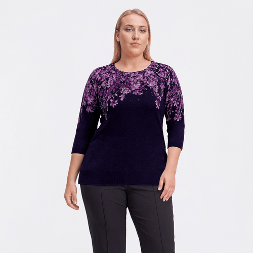 Plus Size Emily Daniels 3/4 Sleeve Floral Rhinestone Sweater