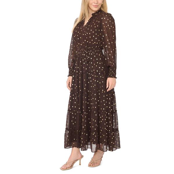 Petite MSK Long Sleeve Tie Neck Foil Dot Tiered Maxi Dress