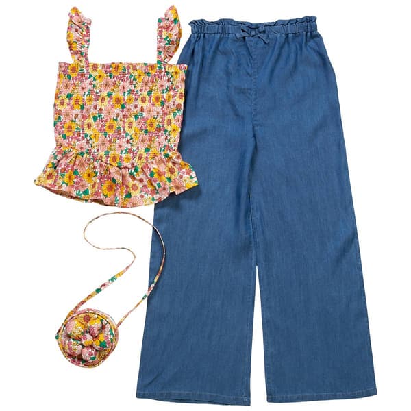 Girls (7-12) BTween(R) Smocked Floral Top w/ Wide Leg Pants & Bag