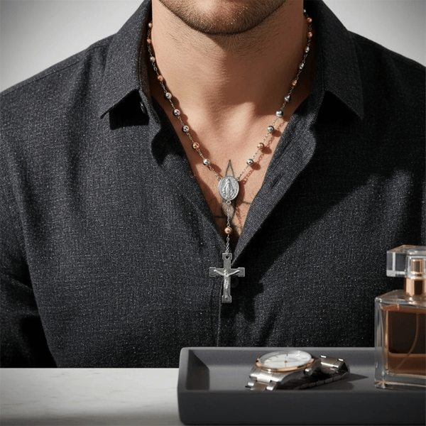 Mens Iron Saints Two-Tone Rosary-Style Necklace w/ Crucifix