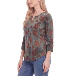 Womens NY Collection 3/4 Ruch Sleeve Brown Floral Blouse