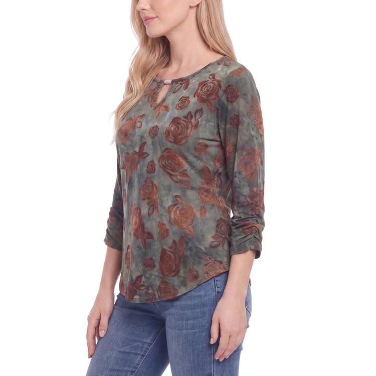 Womens NY Collection 3/4 Ruch Sleeve Brown Floral Blouse