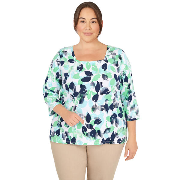 Plus Size Hearts of Palm 3/4 Sleeve Square Neck Citrus Tree Top - image 