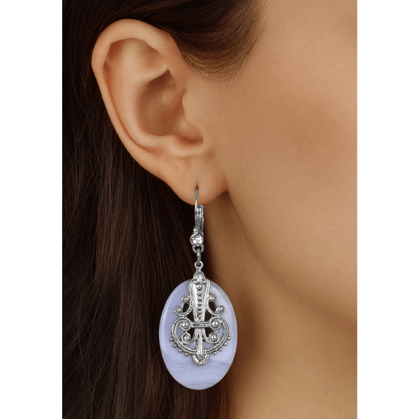1928 Blue Oval Semi-Precious Filigree Drop Earrings