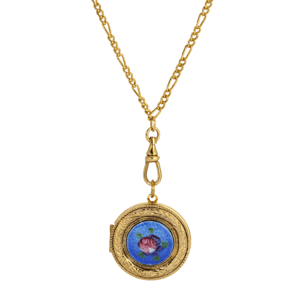 1928 28in. Gold-Tone Pink Flower Decal Locket Necklace - image 