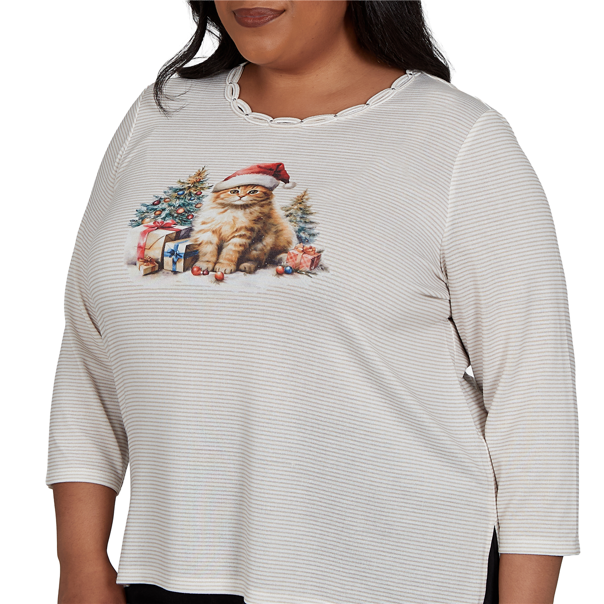 Plus Size Alfred Dunner Classics 3/4 Sleeve Santa Cat Tee