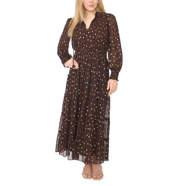 Petite MSK Long Sleeve Tie Neck Foil Dot Tiered Maxi Dress