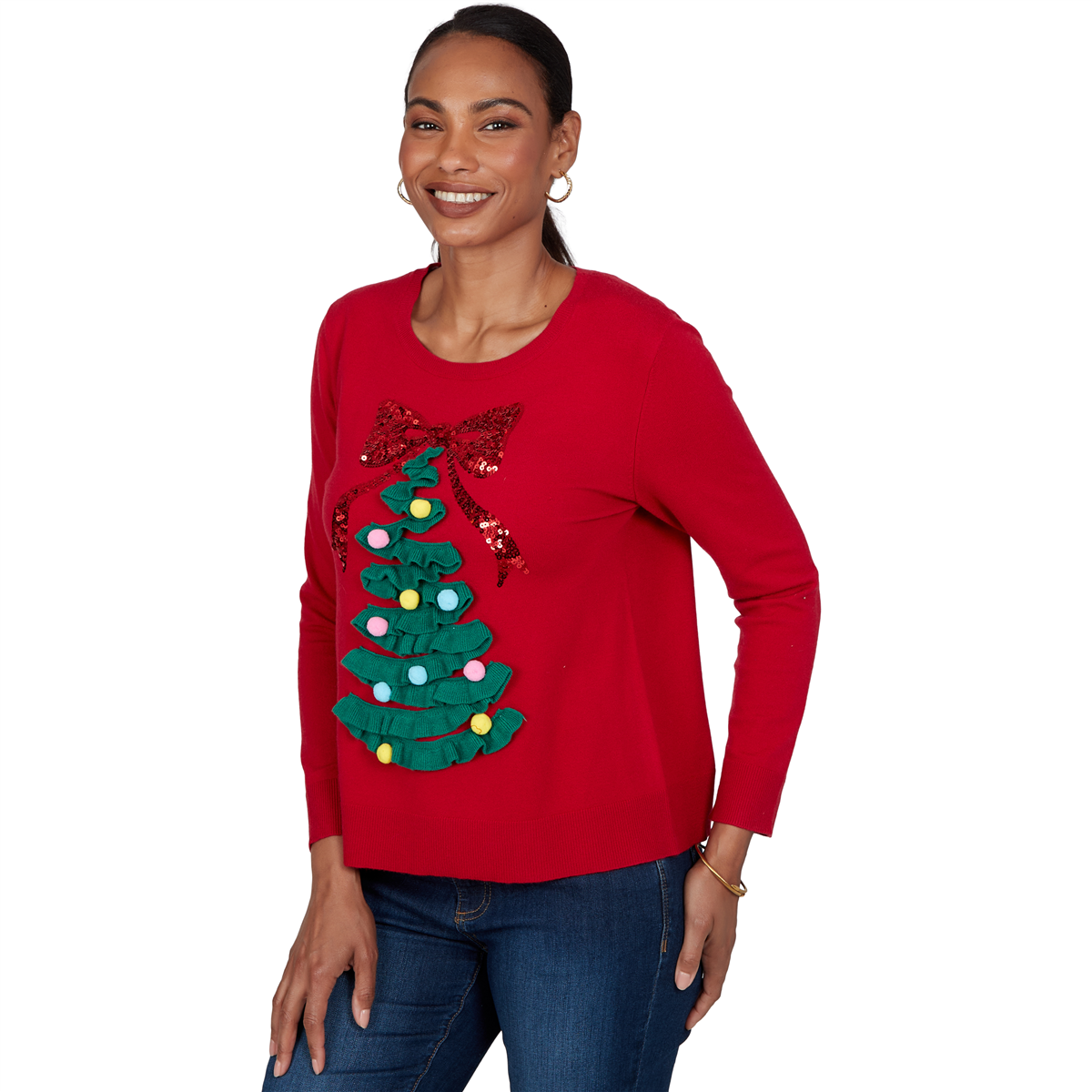 Womens Ruby Rd. Happy Holidays Textured Christmas Tree Sweater