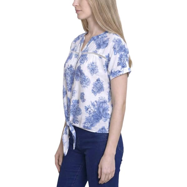 Petite NY Collection Short Sleeve Floral Tie Hem Blouse