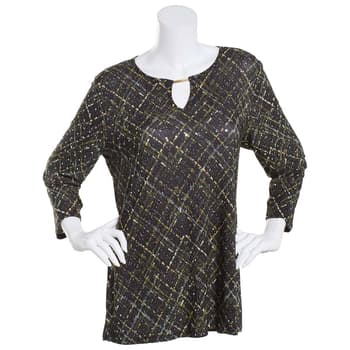 Womens Emily Daniels 3/4 Sleeve Disco Dot Blouse - Olive/Plaid - Boscov's