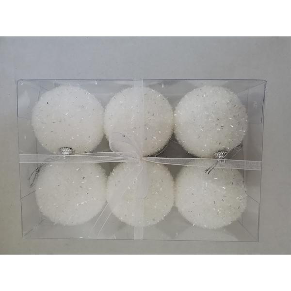 Set of 6 2.7in. White Flock Glitter Ball Ornaments - image 