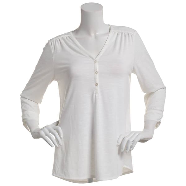 Womens Kasper Solid 3/4 Tab Sleeve V-Neck Henley Tee