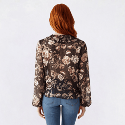 Juniors A. Byer Floral Long Sleeve Lurex Ruffle Blouse