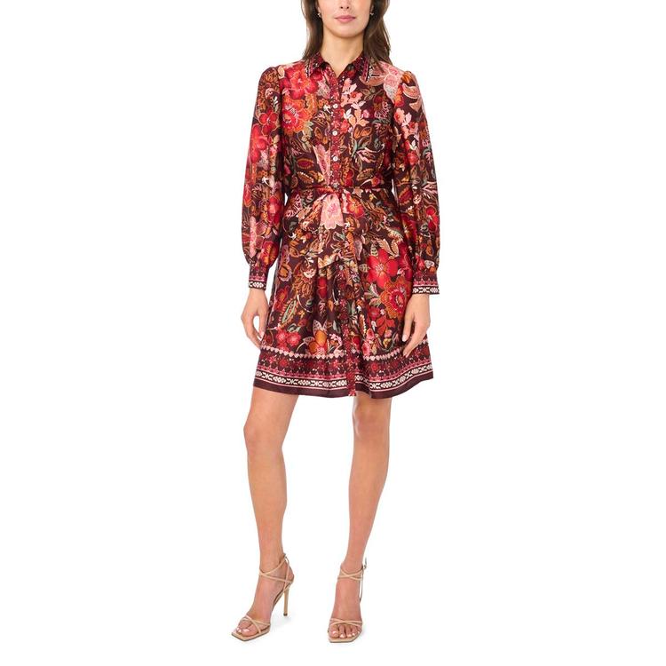 Womens MSK Long Sleeve Floral Charmeuse Tie Front Dress