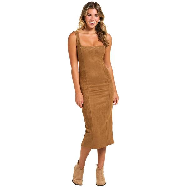 Juniors Derek Heart Knit Suede Square Neck Stud Trim Midi Dress