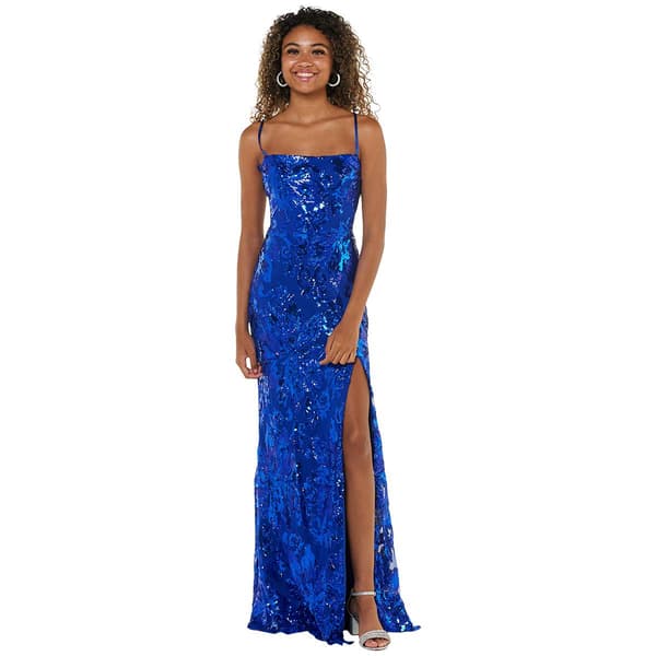 Juniors Crystal Doll Floral Sequin Lace Up Back Sheath Dress - image 