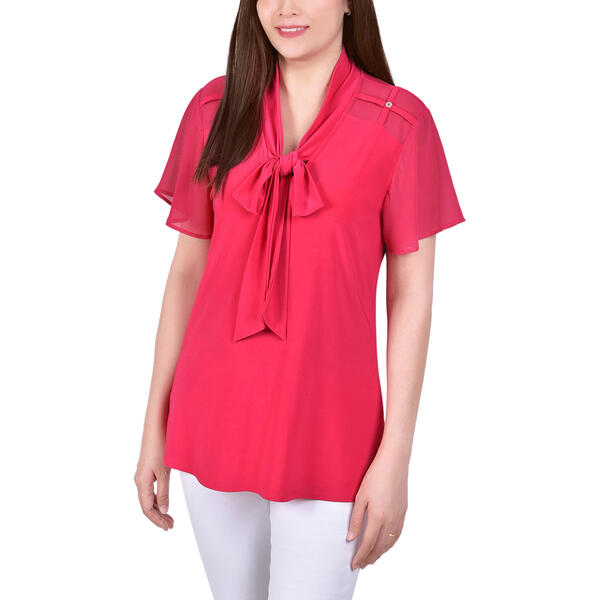 Petites NY Collection Short Sleeve Tie Front Knit Blouse - image 