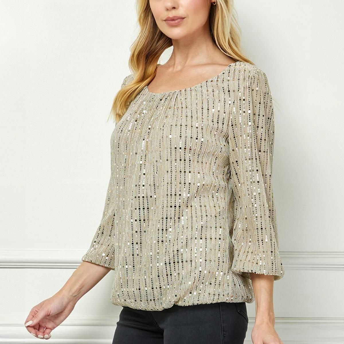 Womens Sara Michelle 3/4 Sleeve Bubble Hem Sequin Blouse